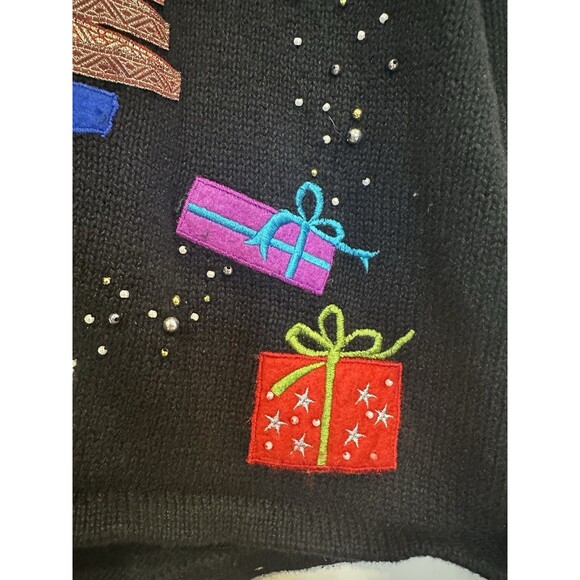 Vintage Black Christmas Cardiagn Petite Large Front Back Holiday Graphic Festive - Picture 8 of 13